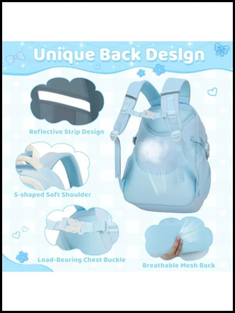 5pc Girls Backpack with Lunch Box Set, Kawaii Aesthetic Bookbag
